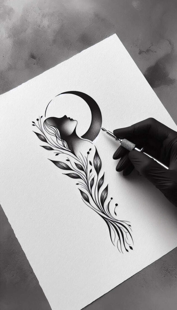 Silhouette of a woman in profile with a crescent moon and flowing leaves on white paper; a gloved hand holds a tattoo tool; black and grey; AI-generated tattoo project; suitable for a cover-up.
