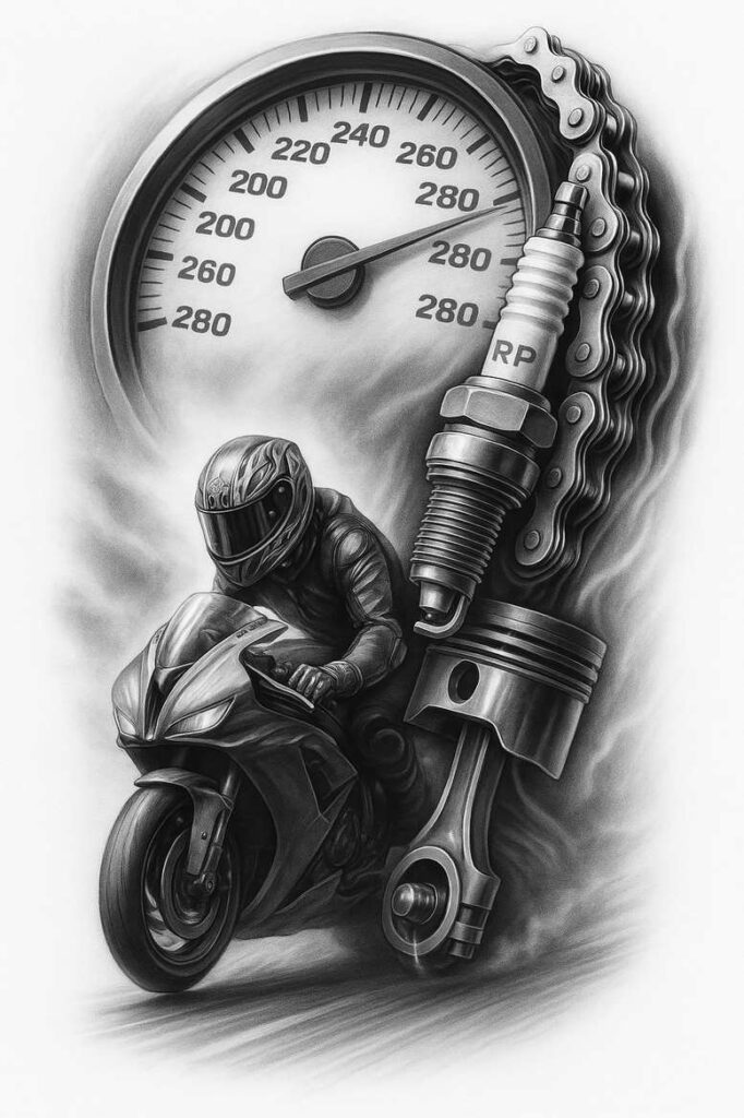 Black and grey tattoo design featuring motorcycle, rider, speedometer, piston, and chain; AI-generated tattoo project; suitable for cover-up.