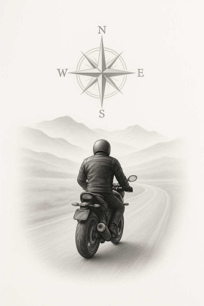 Black and grey tattoo design featuring motorcycle, rider, compass rose, and distant mountains; AI-generated tattoo project; not specifically a cover-up.