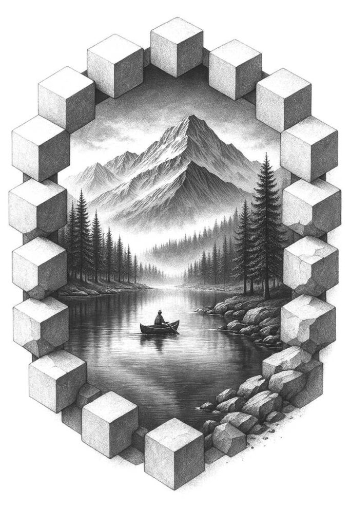 Black and grey: boat, person, lake, mountains, trees, rocks, cubes; project; cover-up suitable.