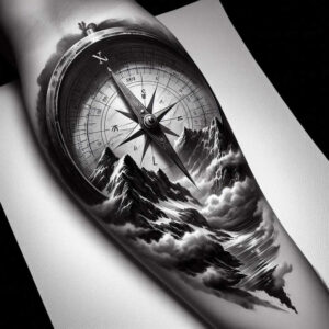 Compass rose, rugged mountains, and clouds in black and grey ink on forearm; AI-generated tattoo project; suitable for a cover-up.