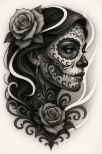 lady-with-shading-tattoo-spine-chilling-neotraditional-vintage-influence – tattoo design ideas free ai generated – Gallery: muerta-inkby-ai