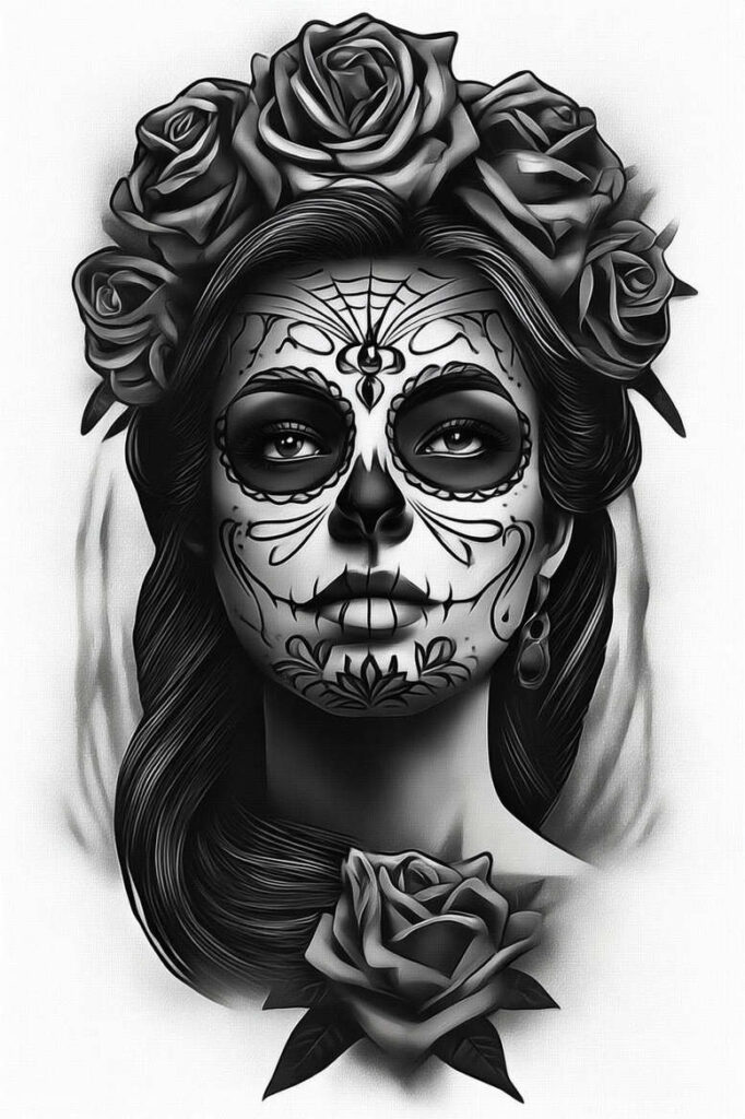 lady-with-skull-tattoo-dreadful-realism-skin-texture – tattoo design ideas free ai generated – Gallery: muerta-inkby-ai