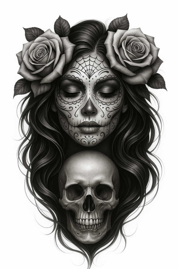 death-motif-tattoo-grim-neotraditional-expressive-lines – tattoo design ideas free ai generated – Gallery: muerta-inkby-ai