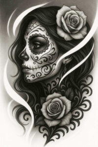 lady-with-ornament-tattoo-unnatural-neotraditional-rich-shading – tattoo design ideas free ai generated – Gallery: muerta-inkby-ai