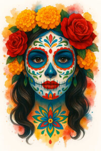 feminine-death-tattoo-possessed-neotraditional-subtle-tone – tattoo design ideas free ai generated – Gallery: muerta-inkby-ai