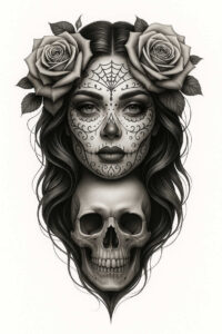 lady-with-flames-tattoo-blood-red-neotraditional-classic-motifs – tattoo design ideas free ai generated – Gallery: muerta-inkby-ai