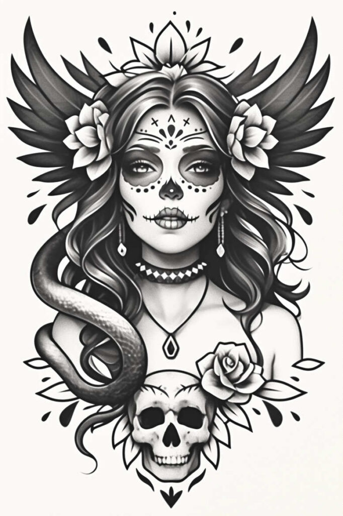 lady-with-petals-tattoo-supernatural-realism-soft-transitions – tattoo design ideas free ai generated – Gallery: muerta-inkby-ai