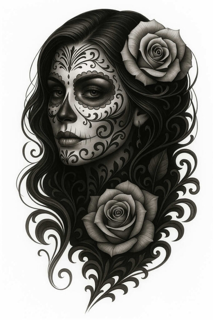 muerta tattoo design ideas Surrealism fluid forms intricate patterns for back