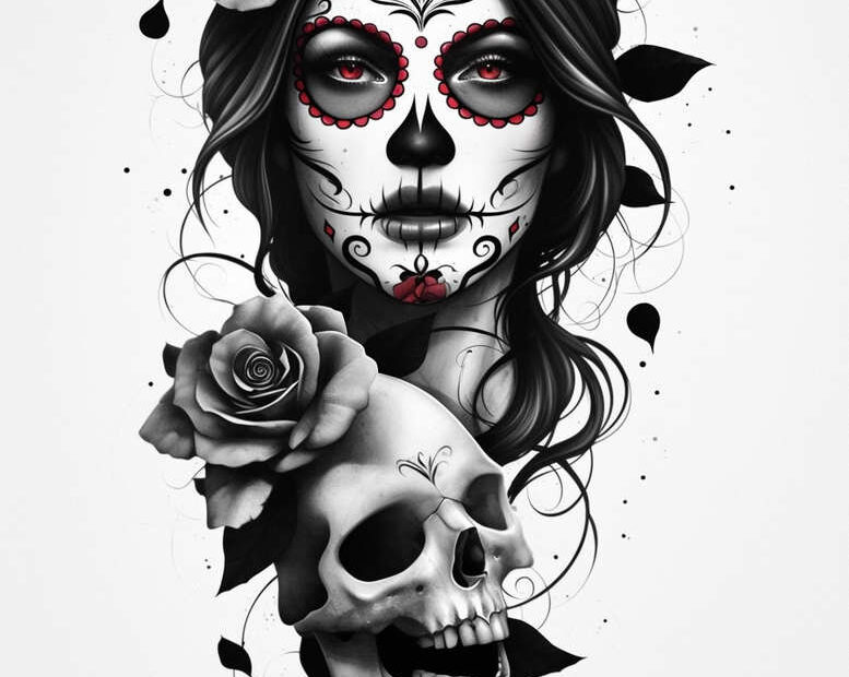 Face with sugar skull makeup in black and grey, featuring a skull, rose accents, flowing hair and leaves; tattoo design idea; not a cover-up.