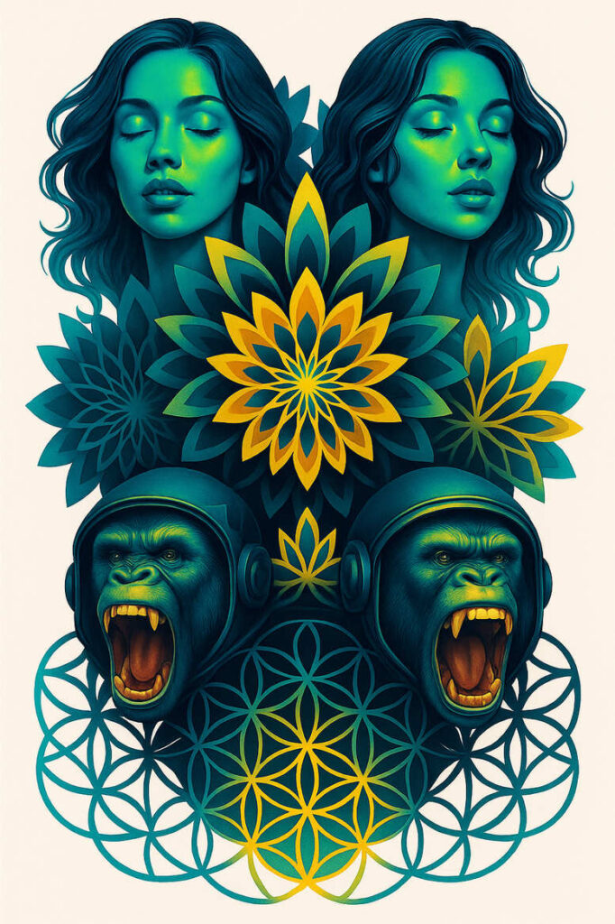 Two teal-green female faces with closed eyes, flanking two roaring monkeys with headphones; neon mandala flowers and a geometric lattice in teal and yellow; full-color AI-generated tattoo project.