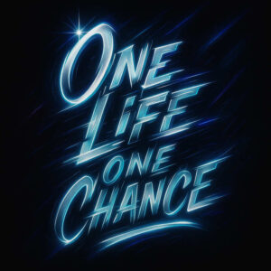 Neon blue text reads 'ONE LIFE ONE CHANCE' on a black background; a bold typographic tattoo concept, clearly a cover-up-ready design.