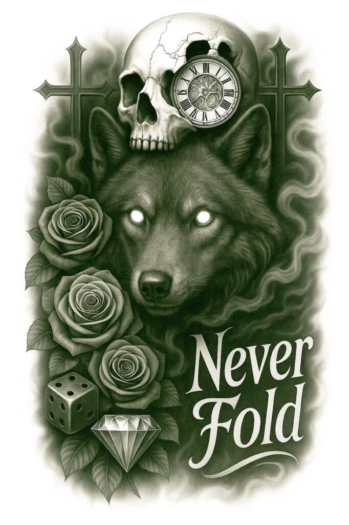 Black and grey tattoo design concept featuring a wolf head, skull with clock, roses, dice, and a diamond, set against smoky shading; cover-up-ready project.