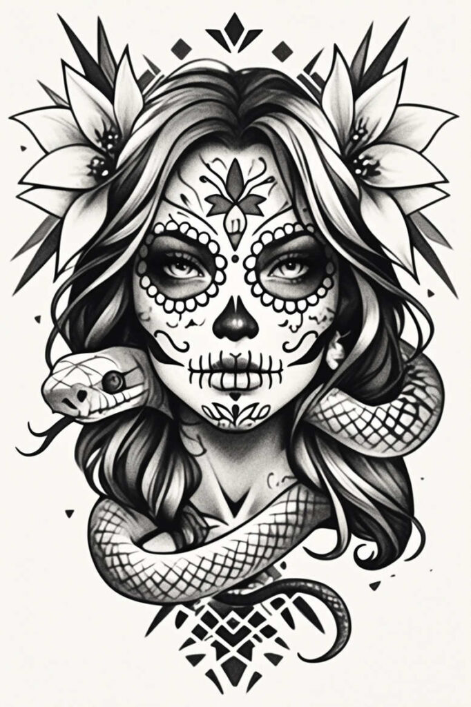 modern-character – tattoo design ideas free ai generated – neotraditional-layered-fill – for-neck – Gallery: news-inkby-ai