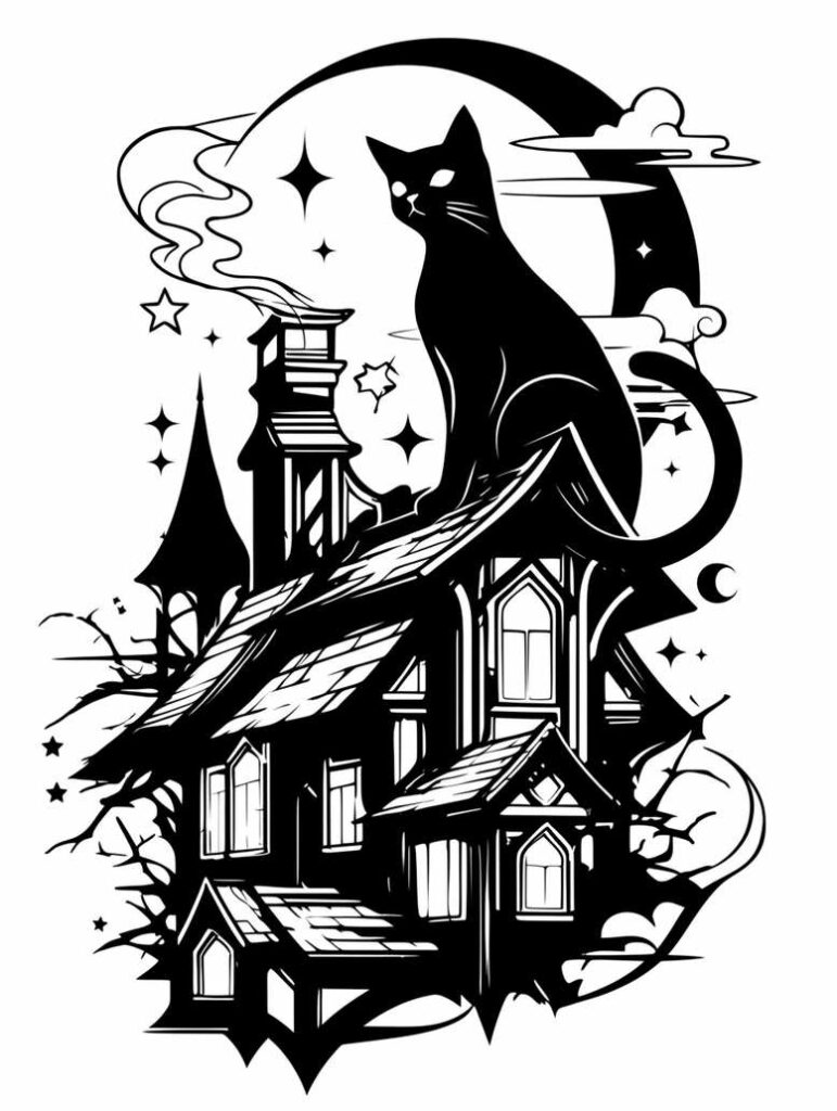 Cat on a gothic house beneath a moon, with chimney smoke, clouds, and stars; black and grey; AI-generated tattoo project; suitable for a cover-up.