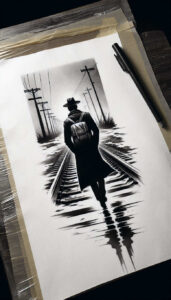 Black and grey ink illustration of a man with hat and backpack walking along railroad tracks beneath power lines, with reflections on water; tattoo design concept for a cover-up.