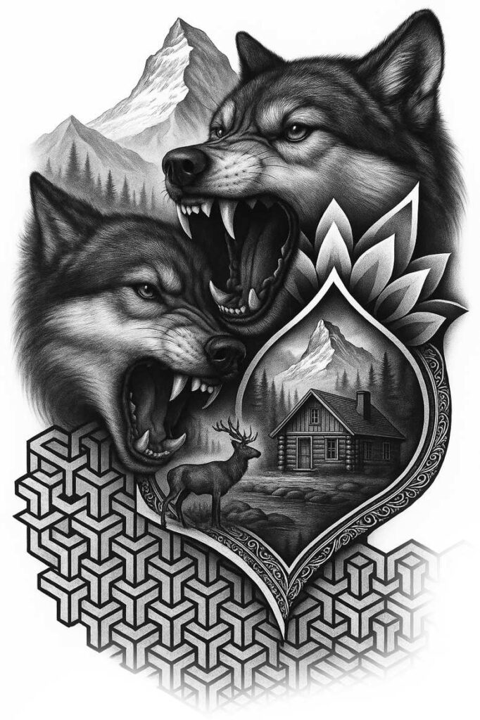 Wolves, mountains, cabin, deer, shield, and petals rendered in black and grey; AI-generated tattoo project; suitable for cover-up.