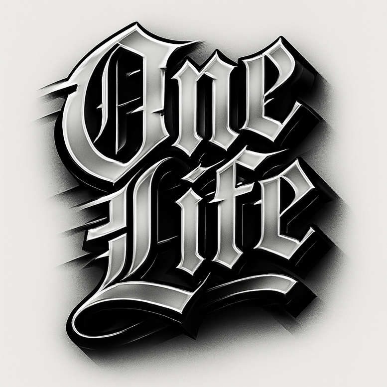 Text tattoo design showing 'One Life' in bold black and grey gothic lettering with heavy shading on a light background; AI-generated tattoo project; ideal for a cover-up.