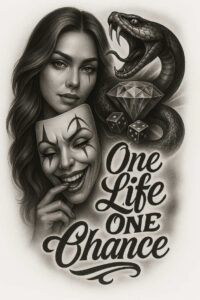 Portrait of a woman with a coiled snake, a geometric diamond, dice and a masked clown face in black and grey; tattoo project, suitable for a cover-up.