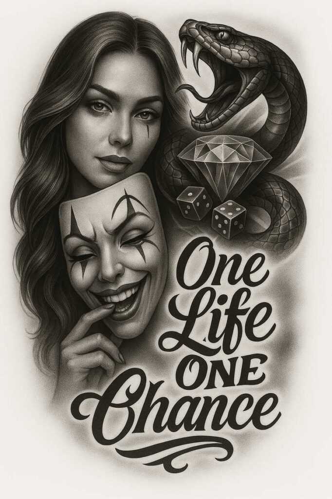 Black and grey tattoo design featuring a woman's portrait, theatrical mask, coiled snake, faceted diamond, dice, and script; AI-generated tattoo project idea; cover-up option.
