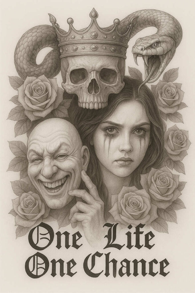 Skull with crown and coiled snake above a solemn woman and an elderly smiling man, surrounded by roses; black and grey; tattoo design idea; cover-up suitable.