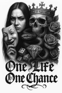 Black and grey tattoo project with cover-up potential: skull with crown, snake, roses, dice, diamond, mask, and a woman's face.