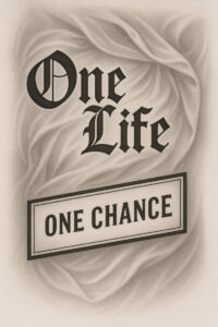 Gothic lettering of 'One Life' above a rectangular 'One Chance' banner with black and grey shading and a smoky background.