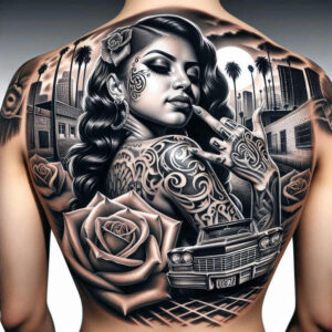 neotraditional-flower-tattoo – tattoo design ideas free ai generated – neotraditional-detailed-textures – for-shoulder-blade – Gallery: other-flowers-inkby-ai
