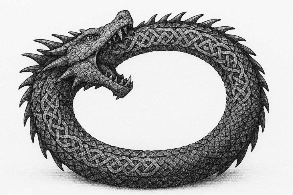 Dragon head, circular body with Celtic knotwork in black and grey; tattoo project, cover-up-ready.