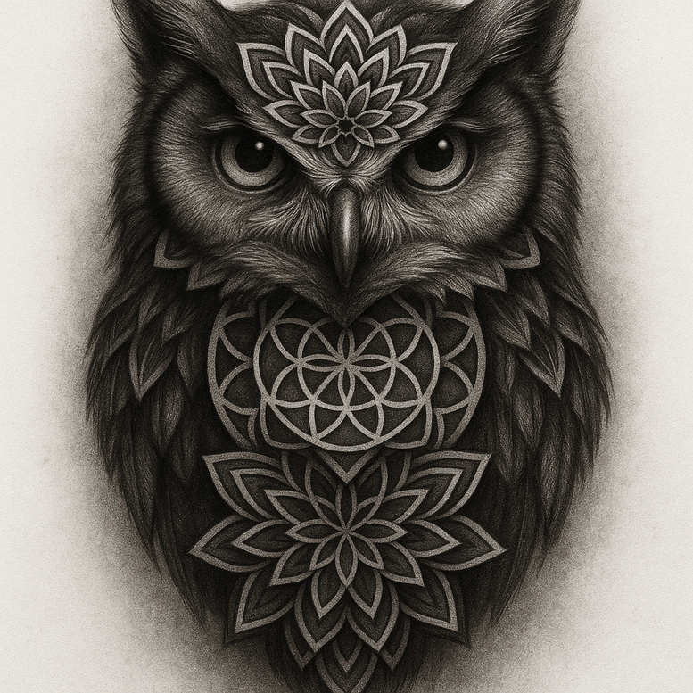 Black-and-grey owl with layered mandala patterns on the chest; AI-generated tattoo project concept, suitable for a cover-up.