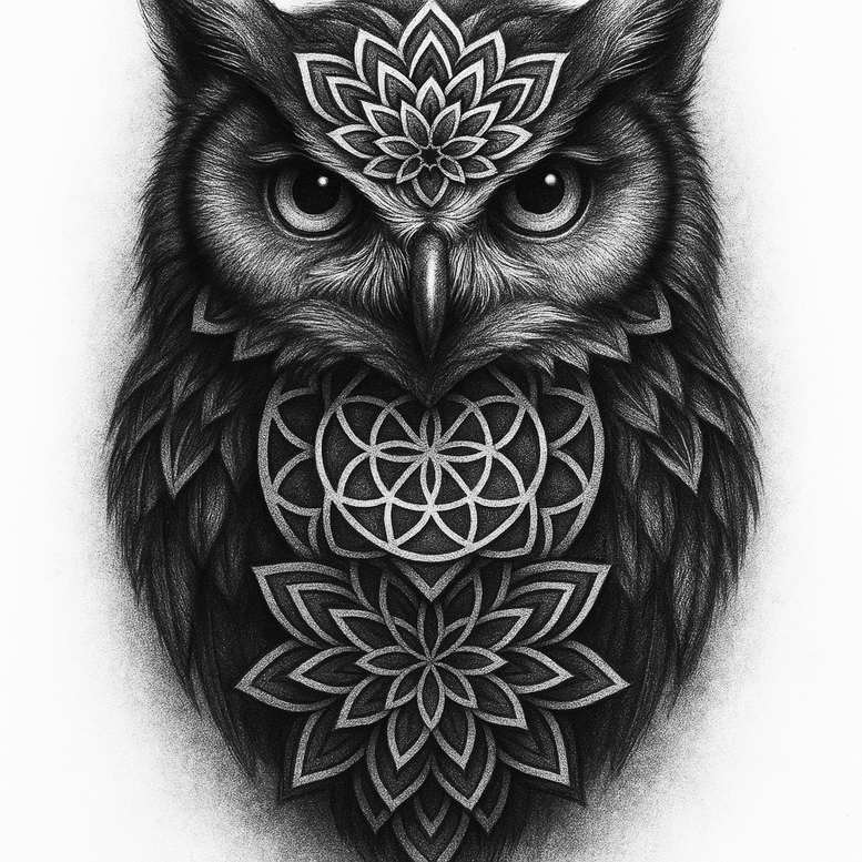 Owl head in black and grey ink with interlocking mandala patterns on the chest; tattoo design concept, cover-up suitable.