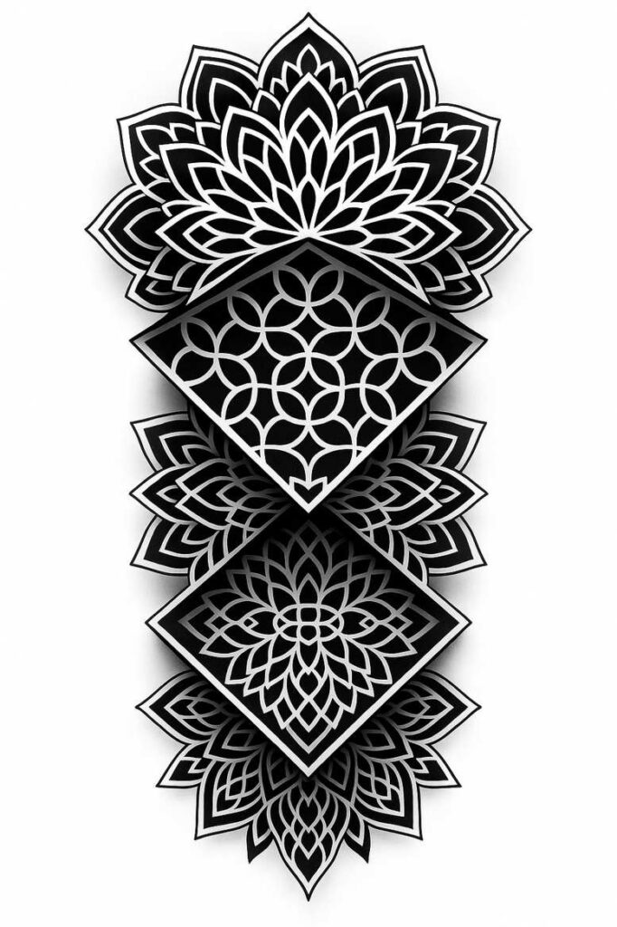 Black and grey tattoo project featuring lotus-mandala petals and diamond panels with an interconnected circles pattern; AI-generated cover-up-ready design.