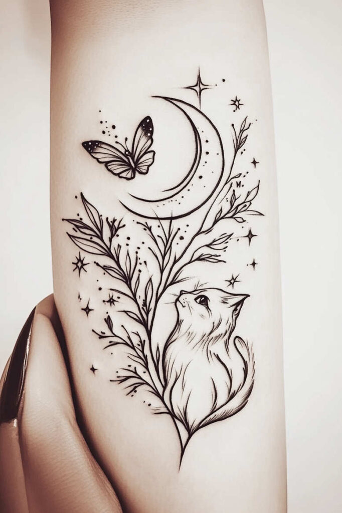 Cat, crescent moon, butterfly, and leafy branchwork in black and grey; pattern-focused project idea; suitable for a cover-up.