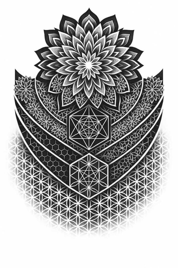 Black and grey tattoo design featuring a lotus, cube, hexagon, circle, and petal elements in a layered geometric pattern composition; AI-generated tattoo project; cover-up ready.