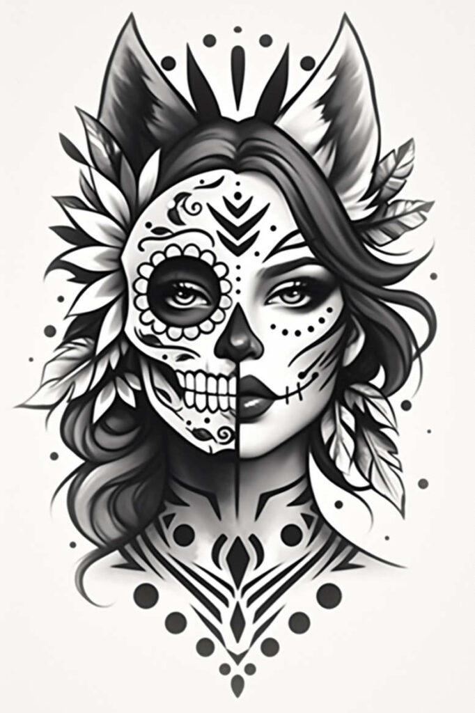 Black and grey tattoo design featuring skull, face, hair, feathers, leaves; a split composition, project idea, cover-up-ready.