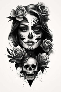Face portrait in black and grey with sugar skull pattern, roses, and skull at the chin; project; not ideal for cover-up.