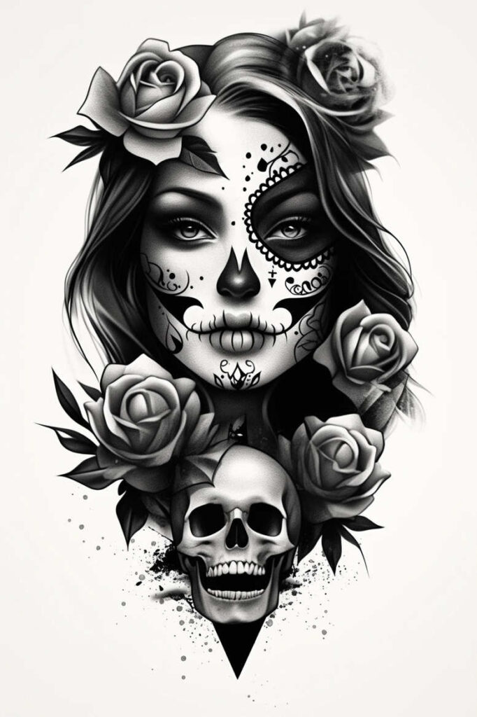 Face portrait in black and grey with sugar skull pattern, roses, and skull at the chin; project; not ideal for cover-up.