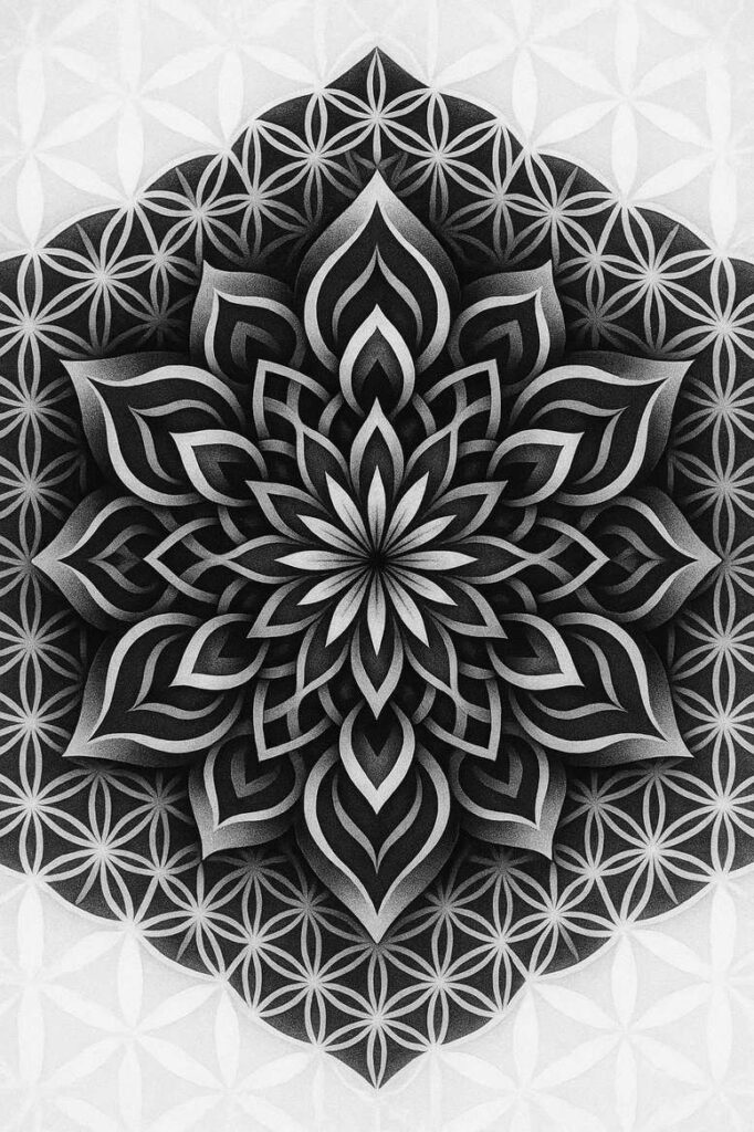 Black and grey mandala tattoo design with layered petals over a geometric background; project idea and suitable for a cover-up.