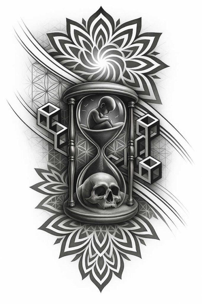 Hourglass tattoo design in black and grey with a fetal figure above and skull below, framed by mandala petals and geometric cubes; cover-up-ready concept.