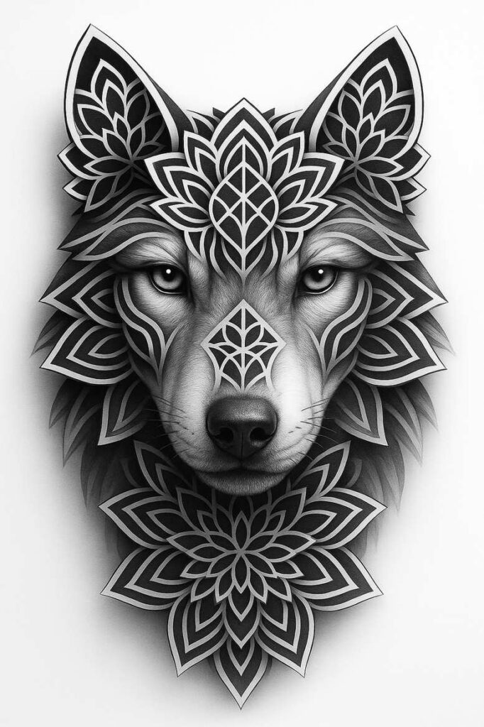 Wolf head with intricate black and grey mandala petals; tattoo design idea; not a cover-up.