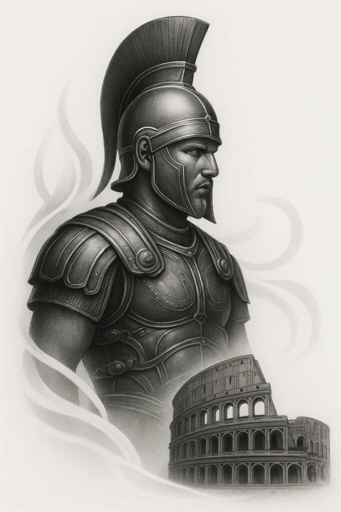 Black and grey roman soldier in ornate armor with helmet plume, Colosseum backdrop; pattern-heavy tattoo project idea; not for cover-up.