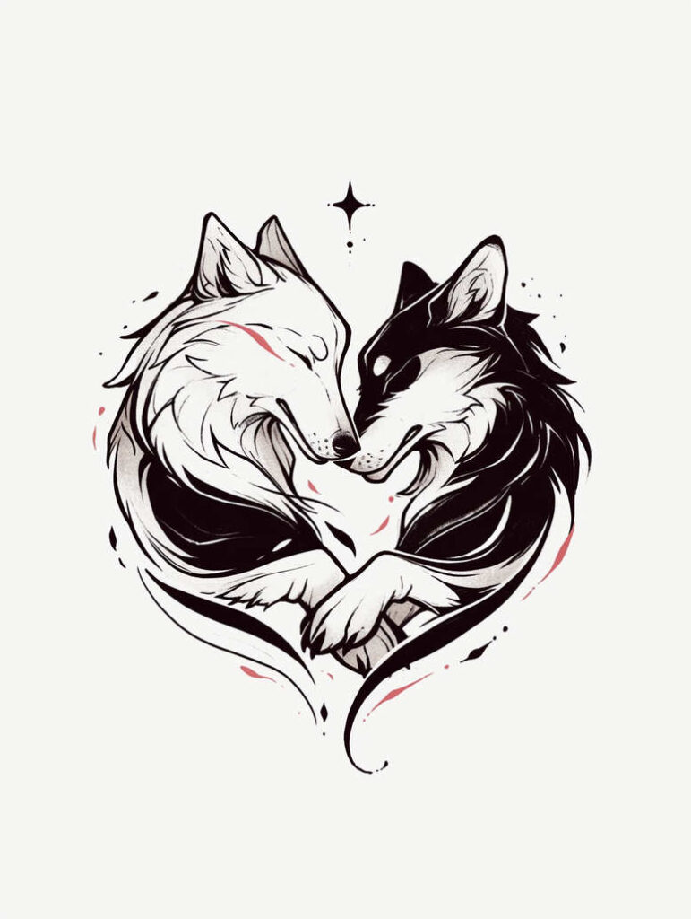 Two wolves in black and grey linework forming a heart with pink accents; tattoo project idea, pattern, suitable for a cover-up.