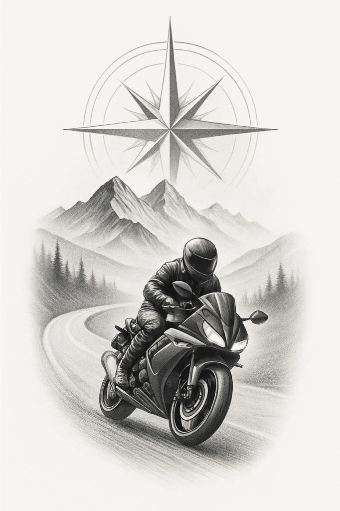 Black and grey tattoo project featuring motorcycle, rider in helmet, winding road, mountains, and compass rose; pattern; cover-up: no.