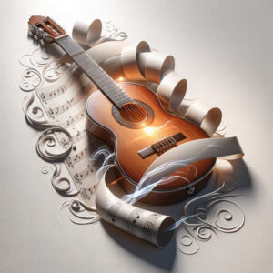 Guitar, sheet music, and ribbons in color; warm brown acoustic guitar with white curling ribbons and notes, sheets of music visible; tattoo design idea; pattern; not a cover-up.