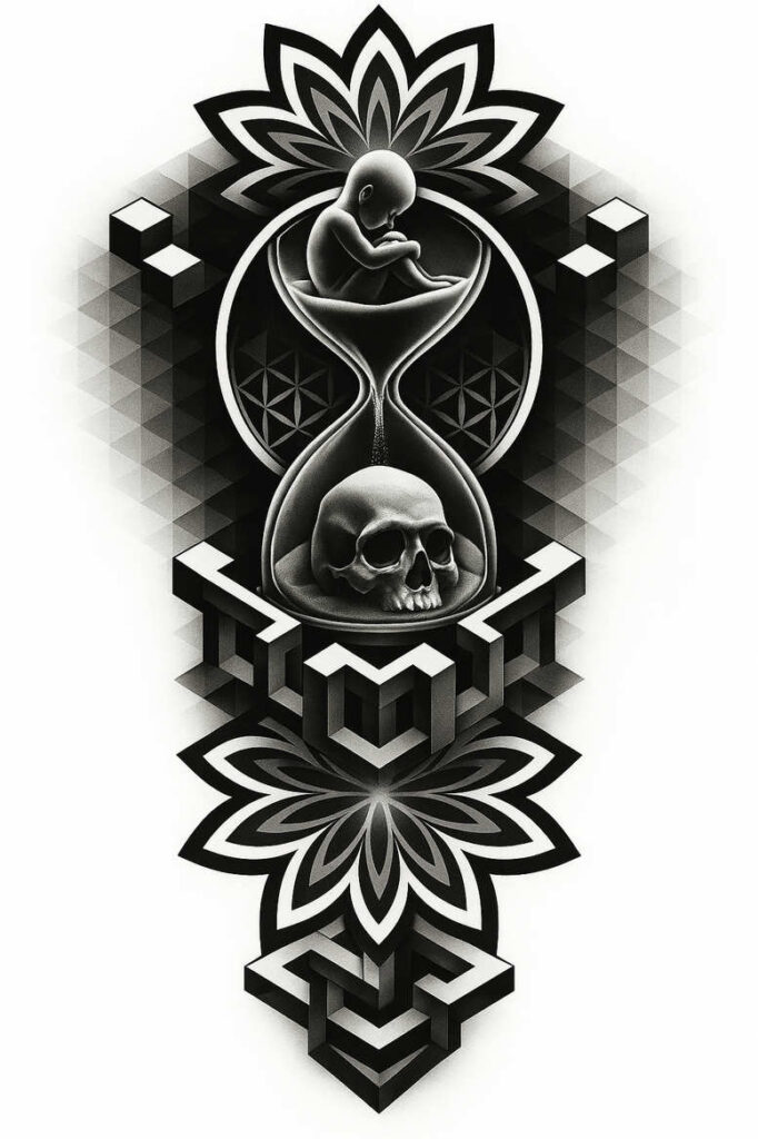 Hourglass with skull in the lower chamber and a fetal figure in the upper chamber, framed by black and grey geometric flower patterns and cubes; tattoo project, cover-up ready.