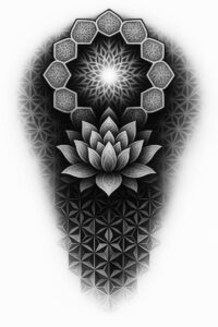 Black and grey tattoo design concept with a lotus at center, surrounded by hexagon-edged mandala ring and a tessellated triangle background; ideal for cover-up.
