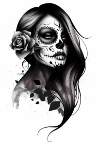 Rose, sugar skull face with black and grey shading, flowing hair, leaf accents; pattern elements; tattoo project idea; cover-up suitable.