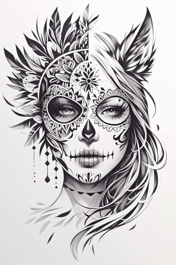 Face with sugar skull pattern, floral elements, leaves, and hair in black and grey; tattoo idea, pattern-rich, suitable for a cover-up.