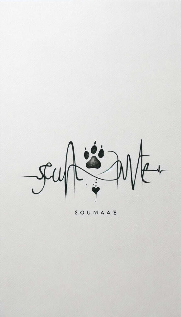 Black and grey paw print with a heartbeat-line forming a soulmate script on a white background; AI-generated tattoo project; design concept