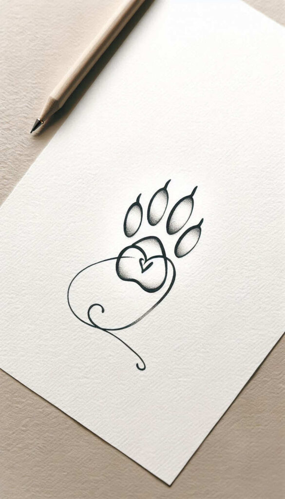 Paw print with a heart in black line art on white paper; tattoo design idea; suitable for cover-up.